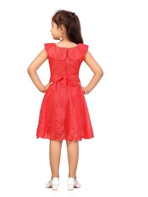 Red hand woven net kids-frocks 4
