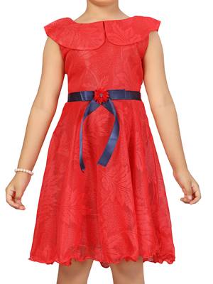 Red hand woven net kids-frocks 5