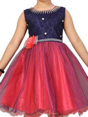 Red hand woven net kids-frocks 5