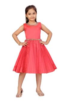 Red plain silk kids-frocks
