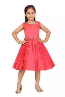 Red plain silk kids-frocks
