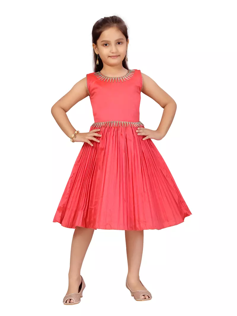 Red plain silk kids-frocks