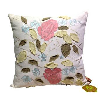 Embroidered Leaves Cushion Cover In Pink And White 1