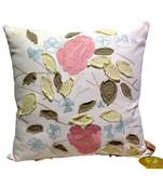 Embroidered Leaves Cushion Cover In Pink And White