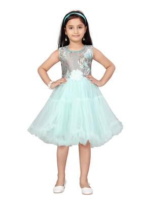 Green plain net kids-frocks 1