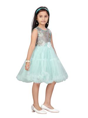 Green plain net kids-frocks 2