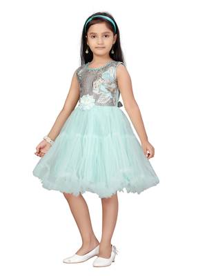 Green plain net kids-frocks 3