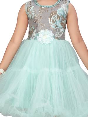 Green plain net kids-frocks 5
