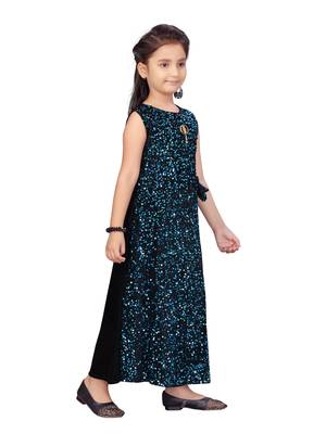 Blue embroidered velvet kids-girl-gowns 2