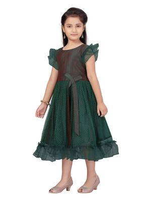 Green hand woven net kids-frocks 3