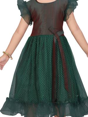 Green hand woven net kids-frocks 5