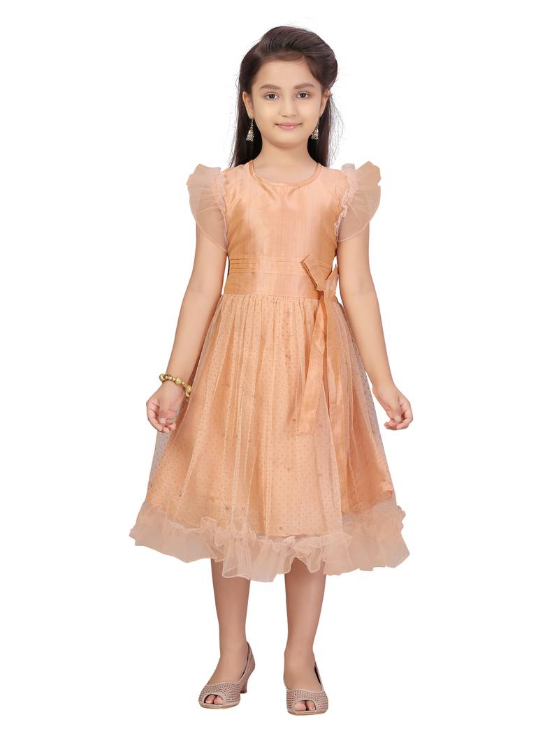 Orange hand woven net kids-frocks