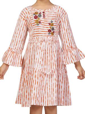 Orange embroidered cotton kids-frocks 5