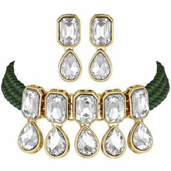Traditional Handcrafted Beaded Emerald Choker with Earrings For Women/Girls (ML249G) 6
