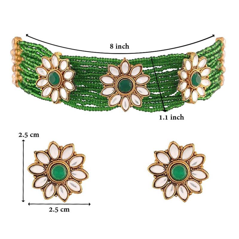 Traditional Gold Plated Floral Pearl & Beads Choker Necklace Set for Women 