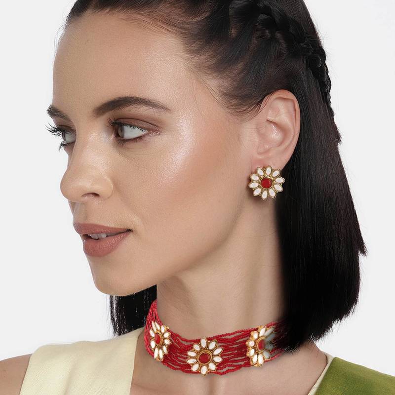 Traditional Gold Plated Floral Pearl & Beads Choker Necklace Set for Women 