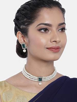Traditional Handcrafted Beaded Emerald Choker with Earrings For Women/Girls  5