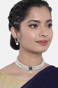 Traditional Handcrafted Beaded Emerald Choker with Earrings For Women/Girls 