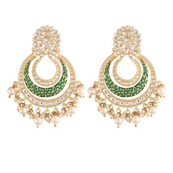High Gold Matt Finish Plated Big Chandbali Handmade Green Enamel/Meenakari Kundan & Pearl Earrings for Women 4