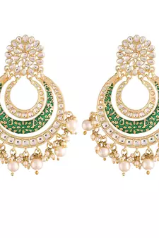 High Gold Matt Finish Plated Big Chandbali Handmade Green Enamel/Meenakari Kundan & Pearl Earrings for Women