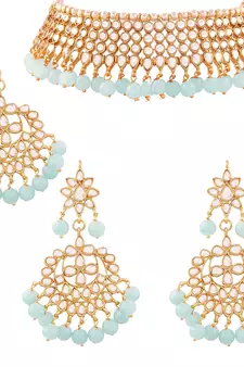 Traditional Kundan & Sky Blue Pearl Choker Necklace Set For Women