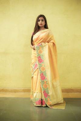 Embroidered Mustard Hand-loom Dupian Tissue Silk Sari 1