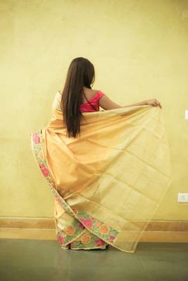 Embroidered Mustard Hand-loom Dupian Tissue Silk Sari 2