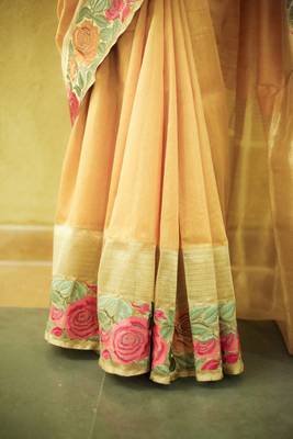 Embroidered Mustard Hand-loom Dupian Tissue Silk Sari 3