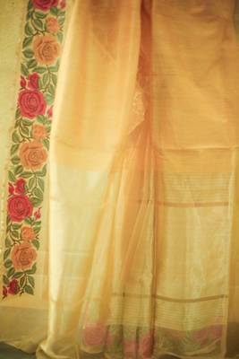 Embroidered Mustard Hand-loom Dupian Tissue Silk Sari 4