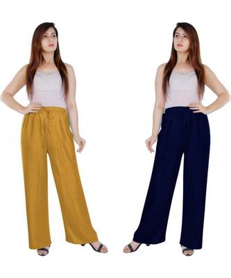 Women's Rayon Pant Palazzo Combo (Free Size )Mustard&Navy Blue 4