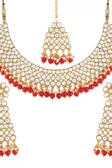 Traditional Handcrafted Faux Kundan & Pearl Studded Necklace Set with Earrings & Maang Tikka (M4111R)