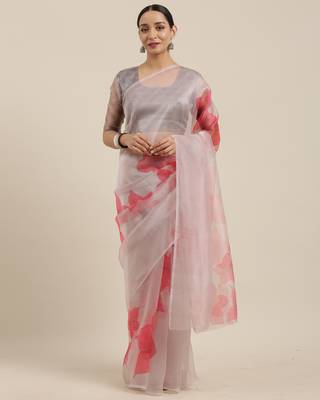 Grey Printed Organza Saree With Blouse 1