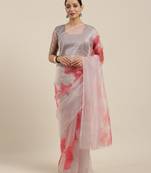 Grey Printed Organza Saree With Blouse