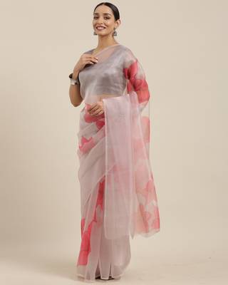 Grey Printed Organza Saree With Blouse 4