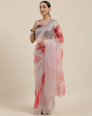Grey Printed Organza Saree With Blouse 5