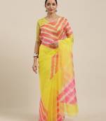 Yellow printed organza saree with blouse