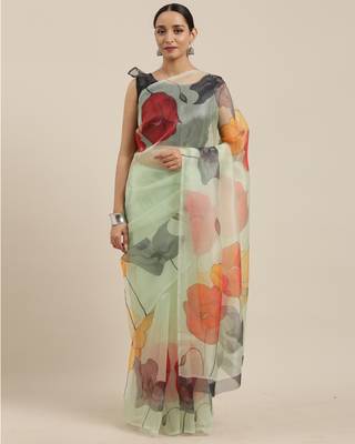 Light green printed organza saree with blouse 1