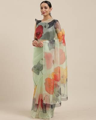 Light green printed organza saree with blouse 4