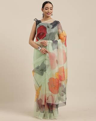 Light green printed organza saree with blouse 5