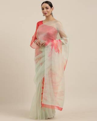 Light Green Printed Organza Saree With Blouse 1