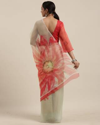 Light Green Printed Organza Saree With Blouse 2