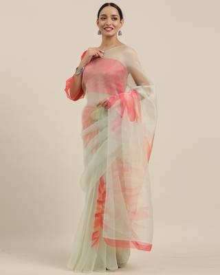 Light Green Printed Organza Saree With Blouse 4