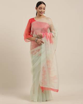 Light Green Printed Organza Saree With Blouse 5
