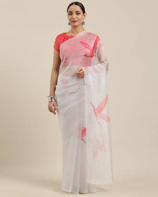 Light Grey Printed Organza Saree With Blouse 1