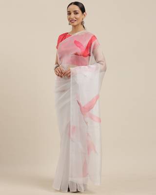Light Grey Printed Organza Saree With Blouse 4