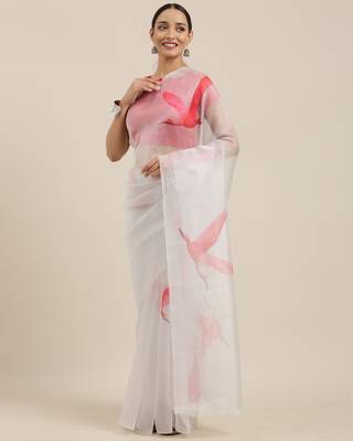 Light Grey Printed Organza Saree With Blouse 5