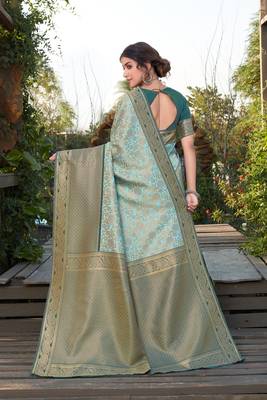 Sky Blue woven silk saree with blouse 3