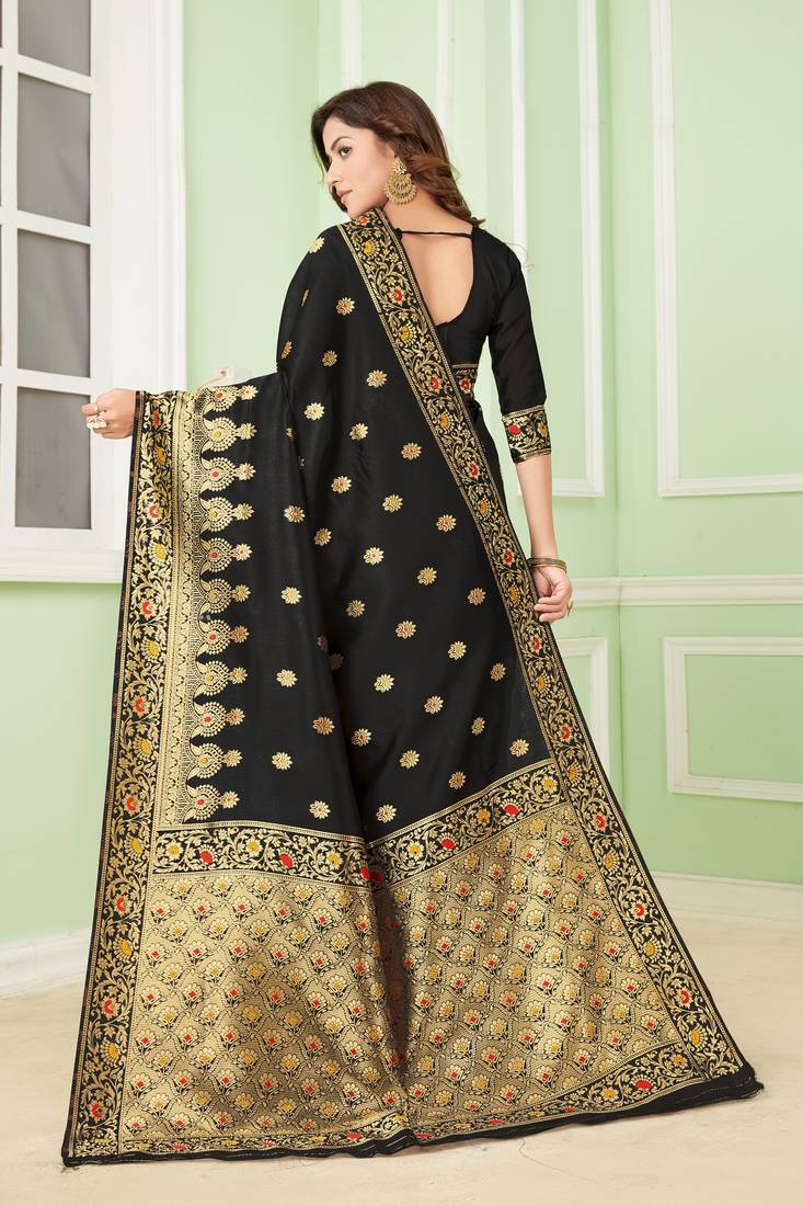 Black woven silk saree with blouse
