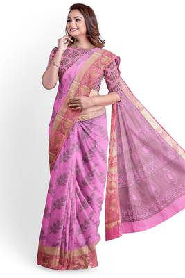 Pink woven pure cotton silk  sarees saree with blouse 2