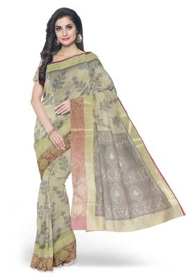 Dark beige woven pure cotton silk sarees saree with blouse 1